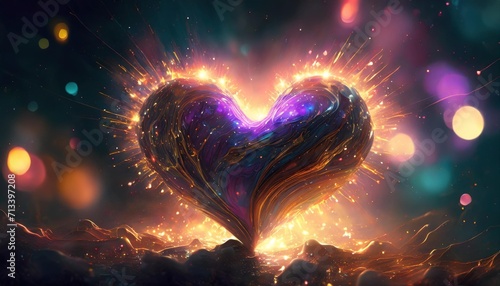 sparkle heart explosion glowing bokeh movie like electric neon thrilled luminous metallic fluid photo