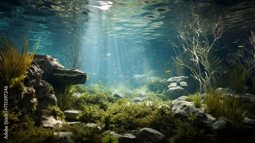 An underwater forest of swaying seagrass, home to a variety of marine life, bathed in the gentle glow of sunlight filtering through the water -Generative Ai