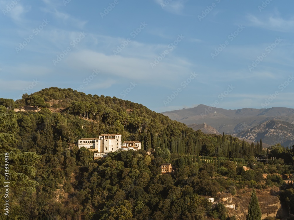 Fototapeta premium The Albaicin gardens of the Alhambra in Granada, Andalusia, Spain, and the Sierra Nevada