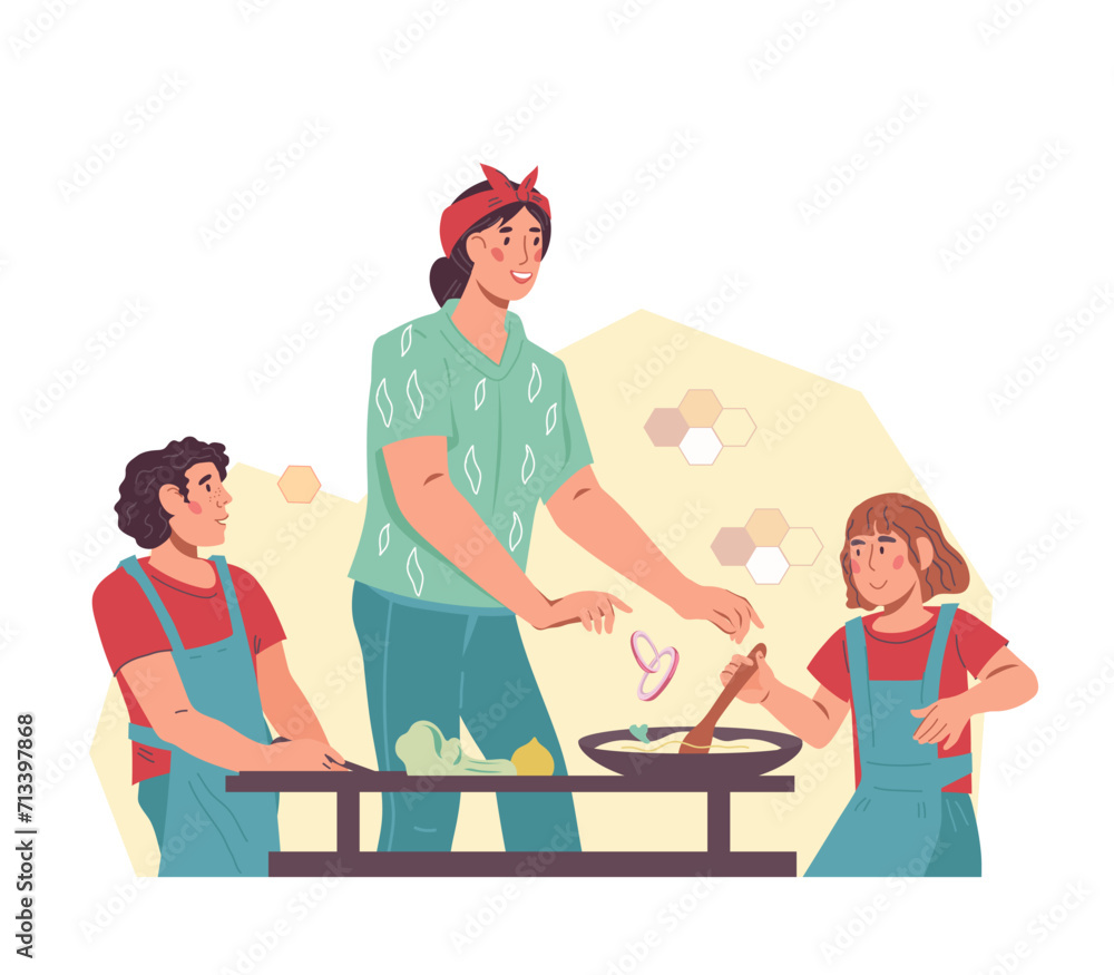 Children cooking with mother. Cooking with mom a way to bond with children and teach them culinary skills, flat vector illustration isolated on white background. Happy family bonding activity. Children cooking with mother. Cooking with mom a way to bond with children and teach them culinary skills, flat vector illustration isolated on white background. Happy family bonding activity.