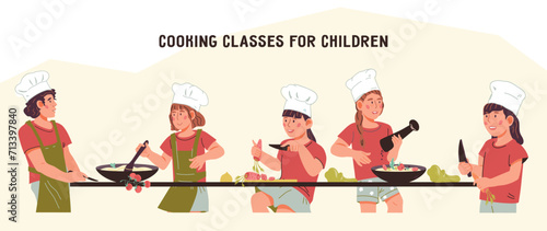 Kids cooking class banner or poster template. Master class for kids culinary classes with children prepare food, flat vector illustration on white.