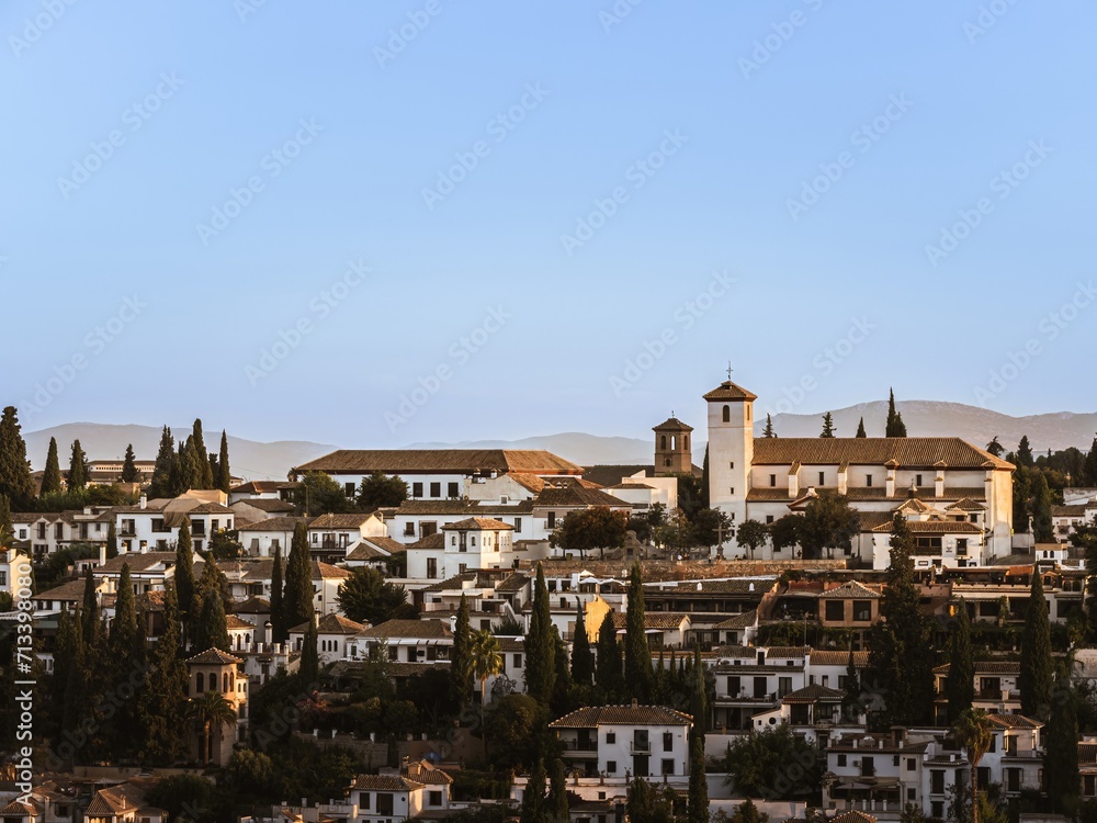 The former Moorish residential district of Albaicin with the Mirador de San Nicolas and the church of San Nicolas in Granada, Andalusia, Spain