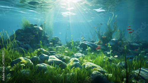 An underwater forest of swaying seagrass, home to a variety of marine life, bathed in the gentle glow of sunlight filtering through the water -Generative Ai photo