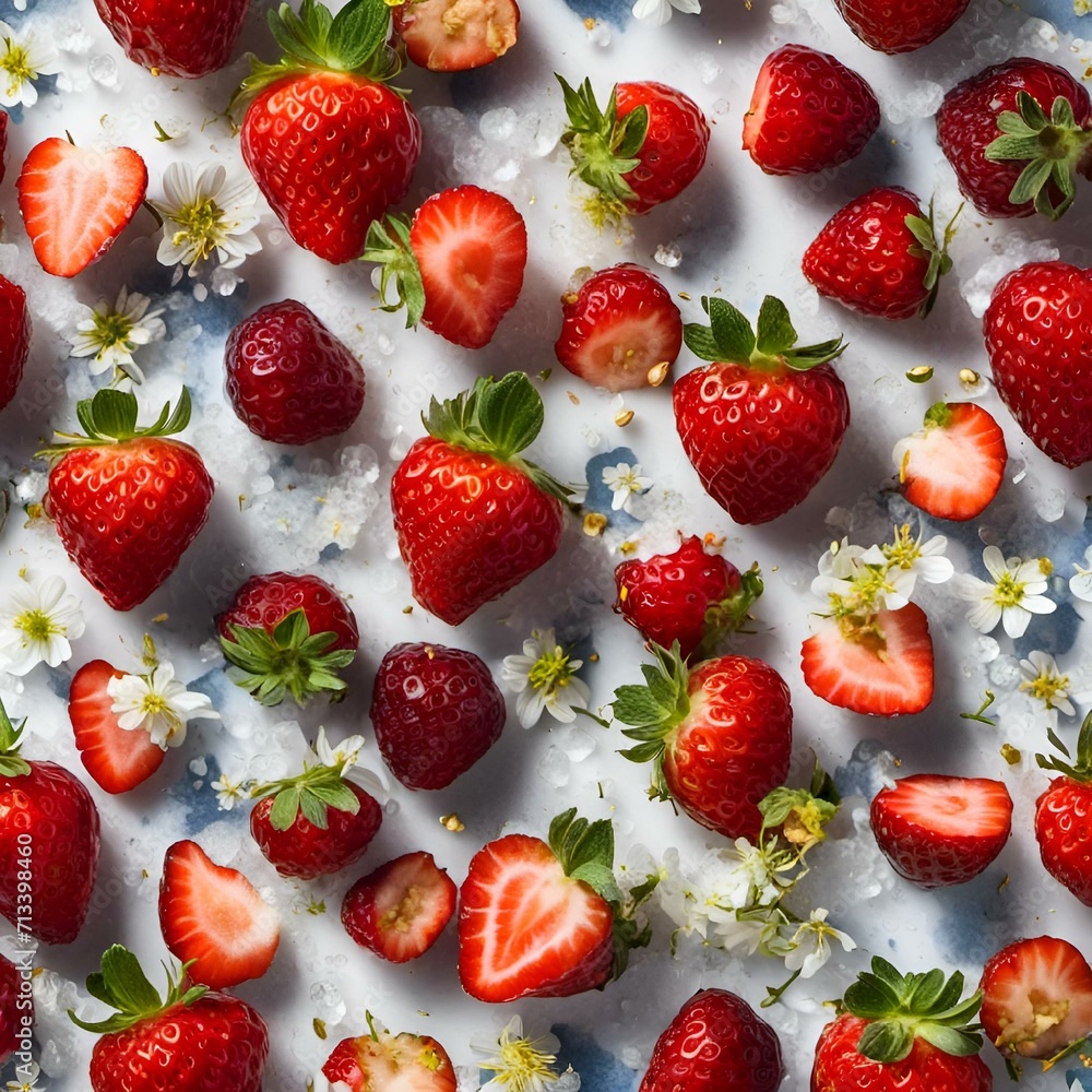 strawberries are scattered on a table top with ice flakes strawberries are scattered on a table top with ice flakes