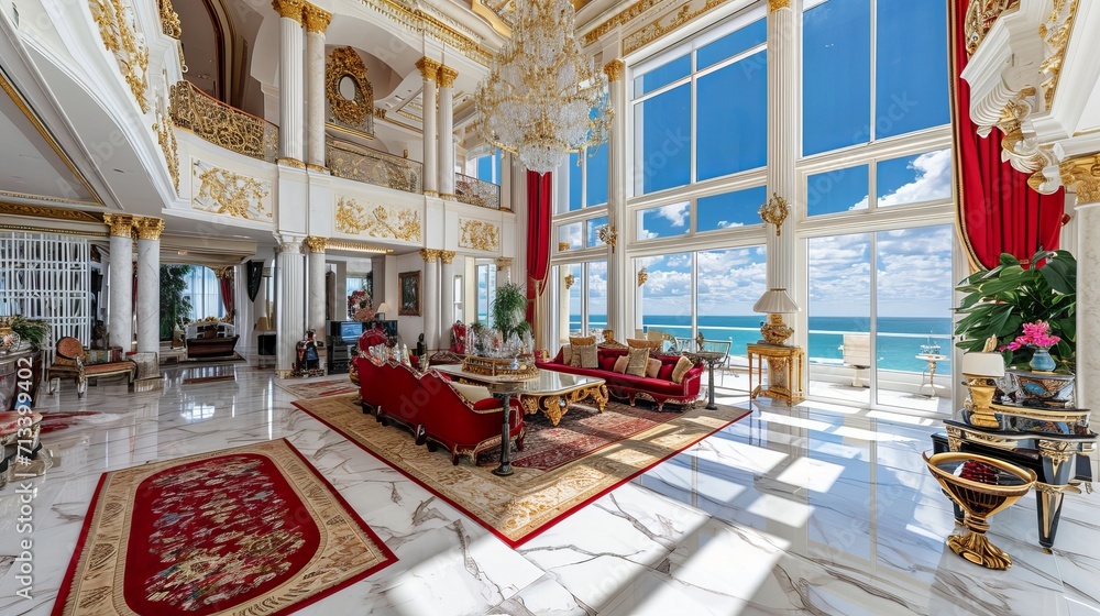 View of living spaces are adorned with marble floors, gold accents, and bold ...