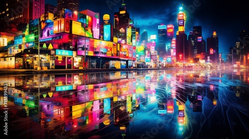 An urban panorama during a summer storm, with rain-soaked streets reflecting the vibrant colors of neon signs and city lights-Generative Ai