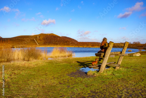 Autumn landscape with lake and two-level wooden bench with senior woman next to her dog taking a break, mountains in background in Thor Park - Hoge Kempen National Park, sunny day in Genk, Belgium