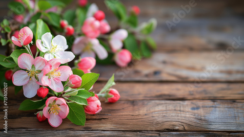 Spring blossom on wooden background with copy space for your text.
