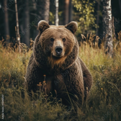 Wild animals in the wild. A large brown bear sits in tall grass, in a meadow. Behind the bear is a dense forest.