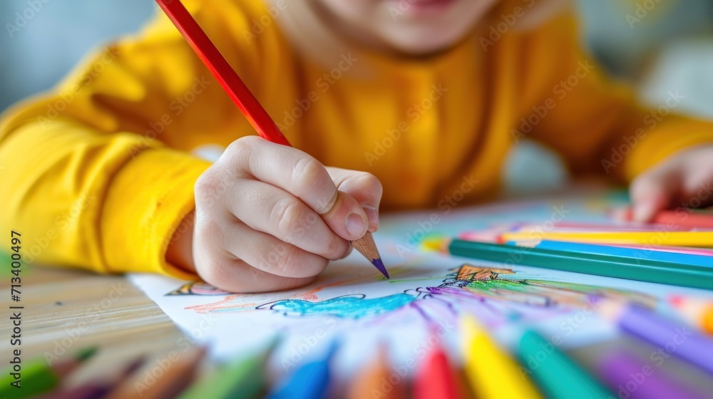 Front view of a child's hands holding a colored pencil and drawing on a white sheet of paper with a set of colored pencils. Child development concept Front view of a child's hands holding a colored pencil and drawing on a white sheet of paper with a set of colored pencils. Child development concept