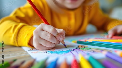 Front view of a child's hands holding a colored pencil and drawing on a white sheet of paper with a set of colored pencils. Child development concept