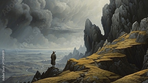 Dramatic painting that shows a mysterious steep mountain with a vast and inhospitable landscape adorned by gray clouds and a man dressed in a tunic contemplating. Generated by AI photo