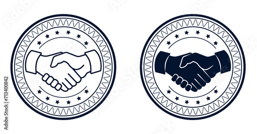 Stamp with handshake for contract, agreement. The concept of concluding a deal, contract, agreement, successful negotiations. Linear isolated black and white drawing. Vector illustration.