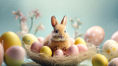 easter bunny rabbit sitting in the eggs  Generative AI