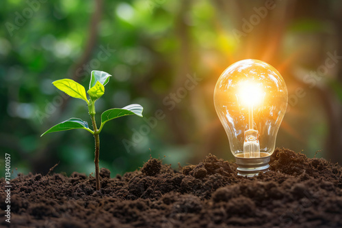 Light Bulb with Young Plant on Money Stack in Soil - Generative AI.