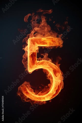 fire number 5 made of fire flames. number five symbol. isolated on black. hot red and orange symbol