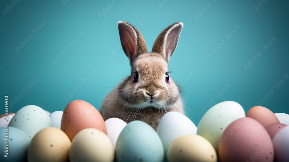 adorable easter bunny rabbit sitting in the colorful eggs, Generative Ai