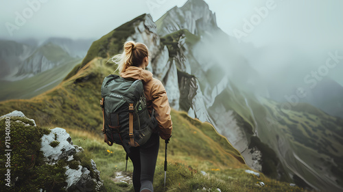 woman hiking up a mountain with a beautiful scenic view photo