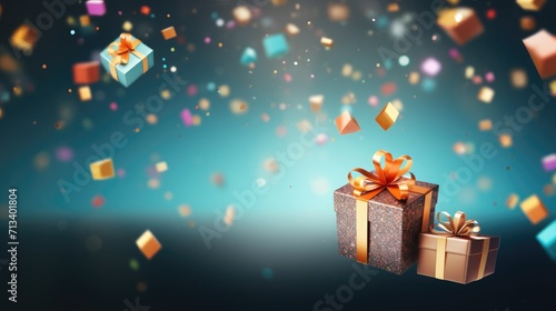blue, purple, colorful gift and confetti flying and falling. festive, christmas texture, background. birthday card © Svetlana