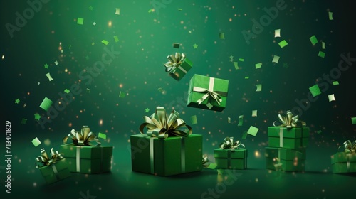 green gift and confetti flying and falling. festive, christmas texture, background. birthday card. place for text.