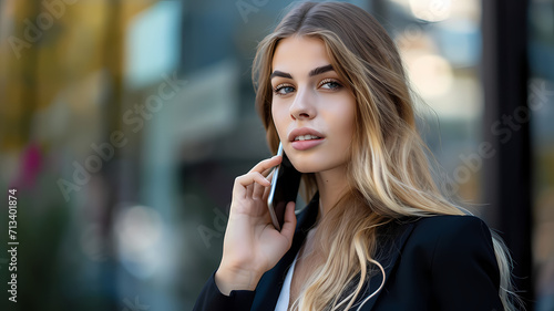 woman in business talking on a phone to complete a business deal