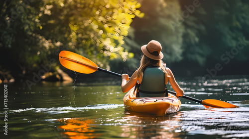 woman kayaking on a river on a nature trail in the forest © Artistic Visions