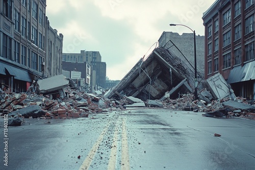 Buildings, roads, and the ground are collapsing in a major earthquake. generative ai photo