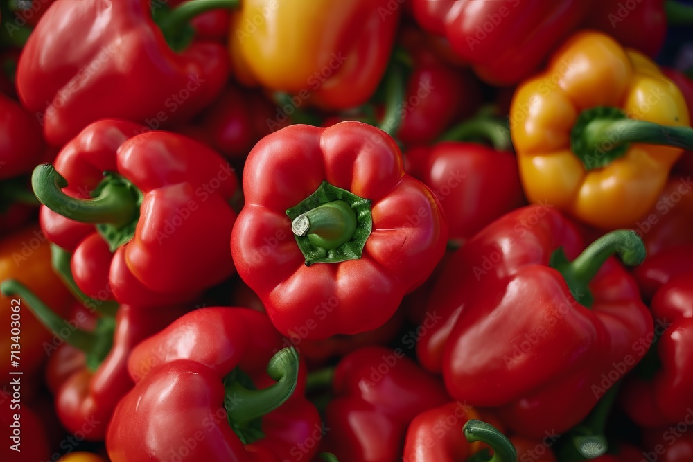 Red bell peppers stacked, vibrant and appetizing, ready to add a burst of color and flavor to your culinary creations.