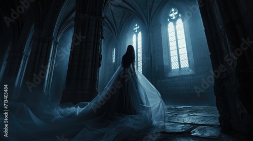 Female ghost silhouette. Beautiful scary horror scene. Mystery dead bride in wedding dress inside ancient gothic castle. Creepy woman shadow. Pretty girl spirit walk indoor. Mysterious person story.