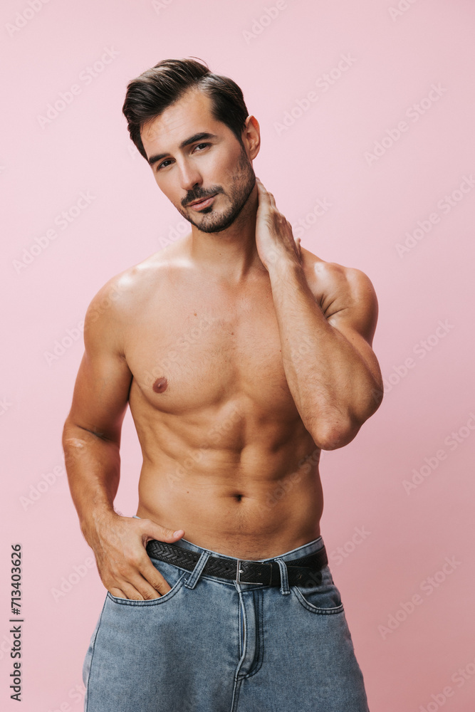 Fototapeta premium Body man torso fitness muscle pink sport lifestyle naked background sexy muscular
