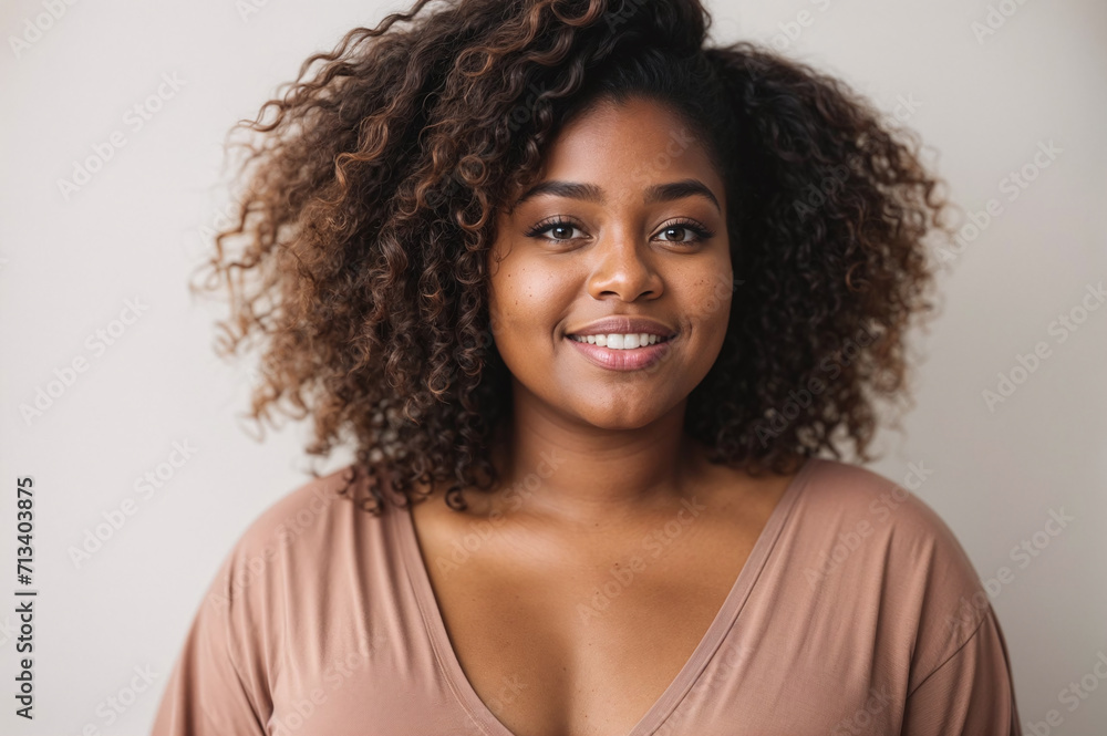 a woman with curly hair smiles at the camera while looking into the camera a woman with curly hair smiles at the camera while looking into the camera