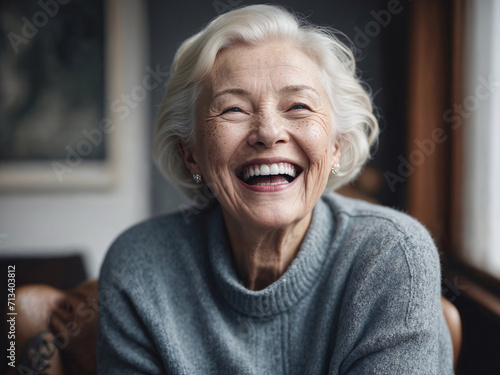 an older woman with white hair and a smile on her face