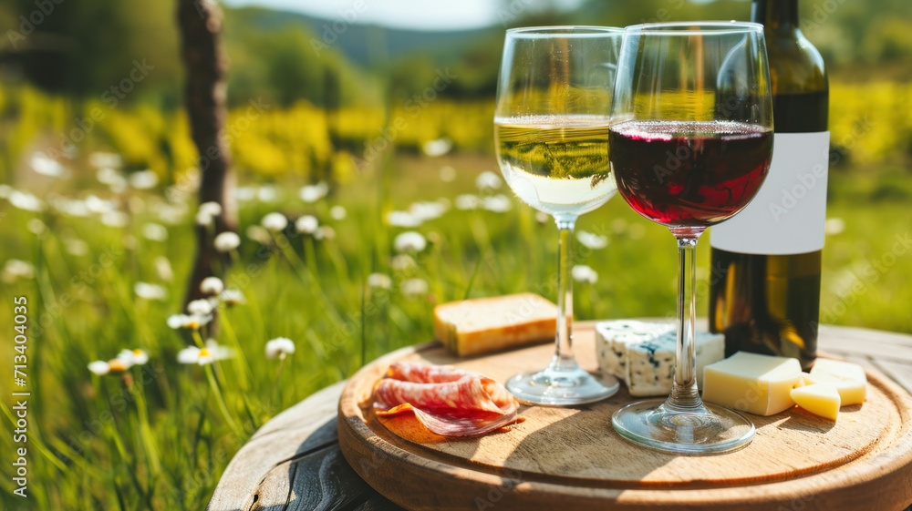 Wine and snacks served in summer meadow, idyllic picnic