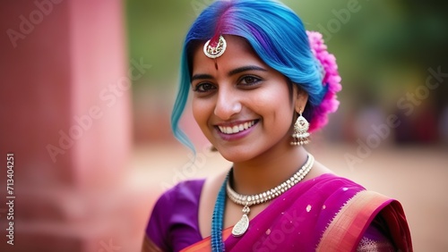 A beautiful portrait of a happy Indian girl in a traditional Hindu sari in the color of Holi. Silver jewelry of an Indian woman with powder paint on her dress, bright pink and blue hair photo