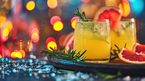 Yellow citrus cocktails on rustic wooden board, warm festive lights, colorful bokeh