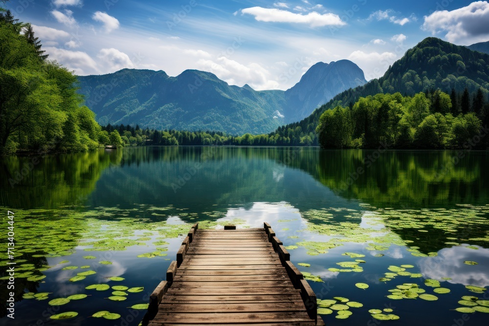 Beautiful lake view with wooden dock and mountains.