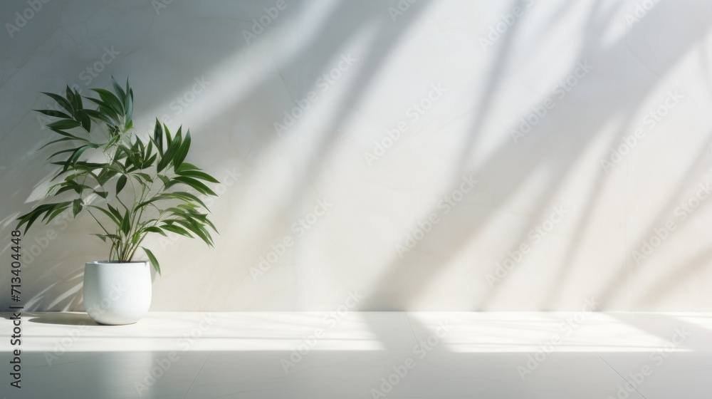 Green potted plant in sunlight, long shadows on a white wall.