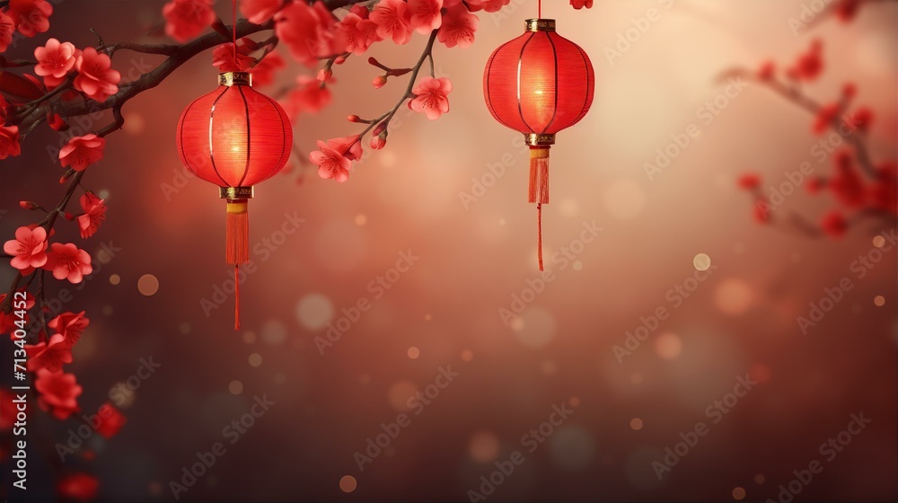 Chinese New Year celebration with red Lantern and blossom flowers on light background Chinese New Year celebration with red Lantern and blossom flowers on light background