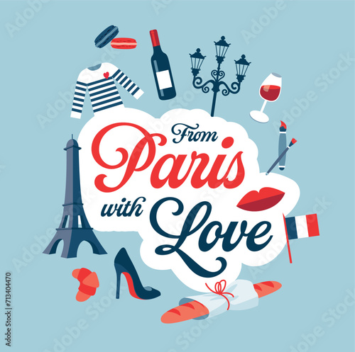 Bundle collection of parisian terrace clichés. Vector illustrations separated. Sticker From Paris with Love. Wine and french cheese.