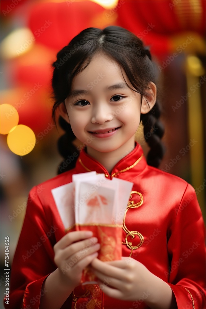 Chinese New Year background with a smiling girl in red cloth holding red envelope in hands Chinese New Year background with a smiling girl in red cloth holding red envelope in hands