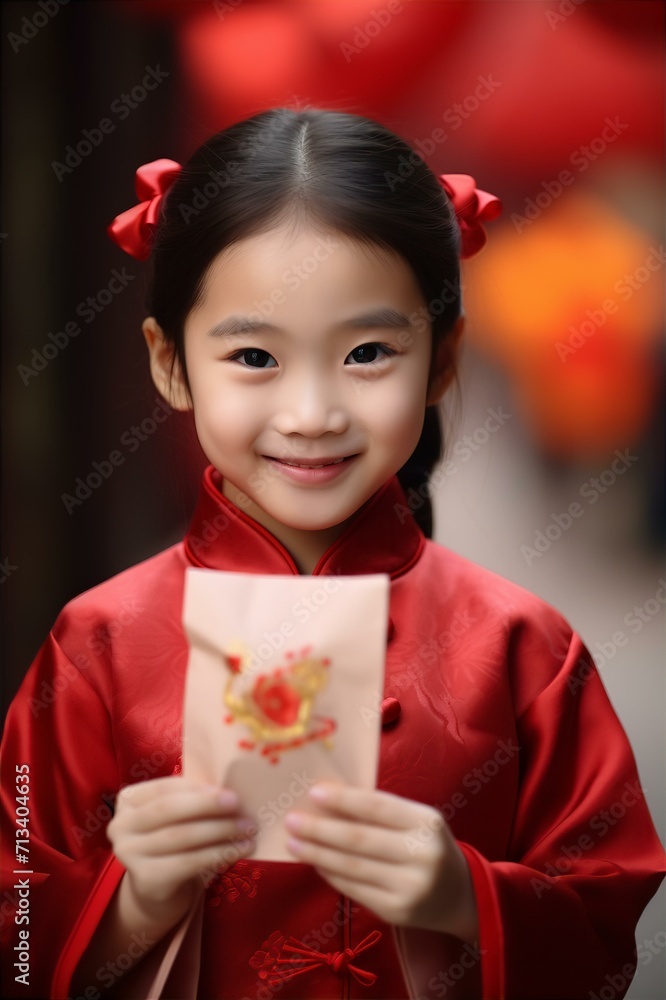 Chinese New Year background with a smiling girl in red cloth holding red envelope in hands Chinese New Year background with a smiling girl in red cloth holding red envelope in hands