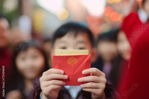 Chinese New Year background with a smiling boy in red cloth holding red envelope in hands
