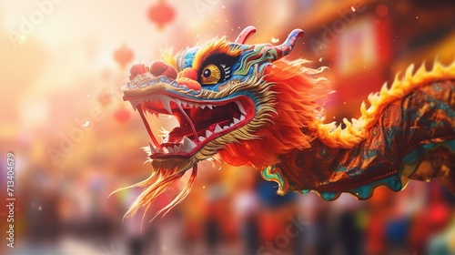 Dragon dance show on Chinese New Year Day, blurred background