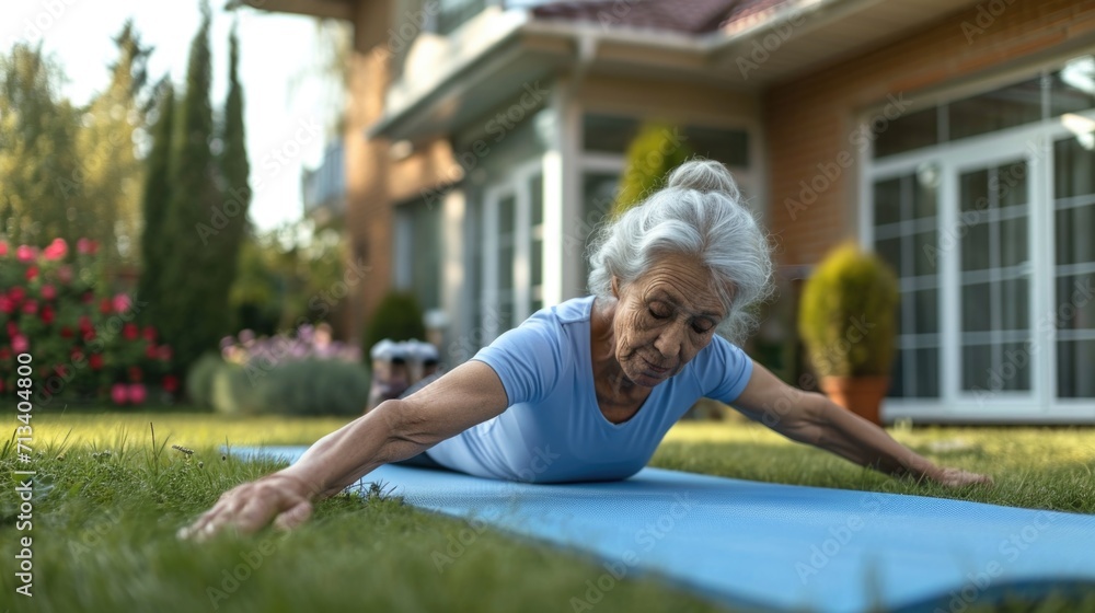 senior fitness,elder womаn doing fitness lying on lying on sports mat in the backyard in front of their house on a day
