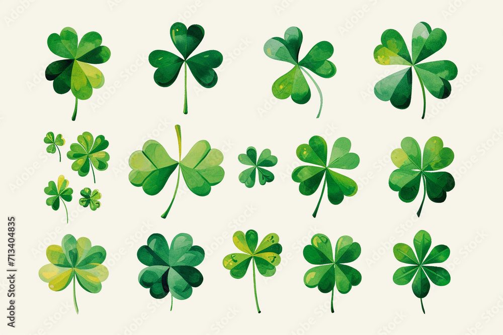 A collection of variously styled shamrocks, St Patrick’s Day drawings, flat illustration A collection of variously styled shamrocks, St Patrick’s Day drawings, flat illustration
