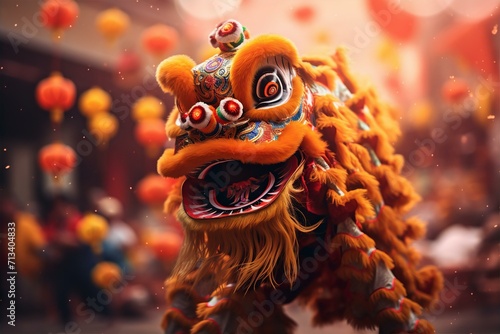 Lion dance show on Chinese New Year Day, blurred background © arjan_ard_studio
