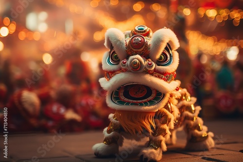 Lion dance show on Chinese New Year Day, blurred background