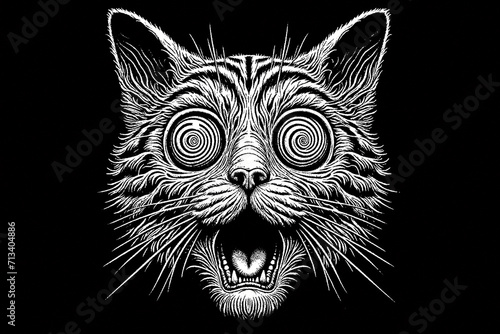 shocked cat face with a hypnotized eye isolated on a black background