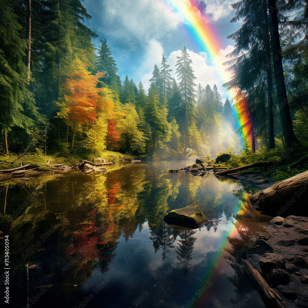 Naklejka premium Rainbow lake in a forest