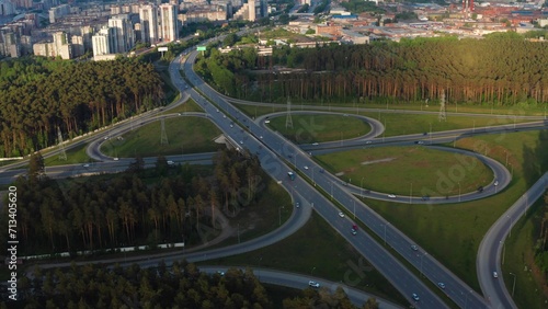 Aerial view of a busy motorway interchange with a lot of traffic